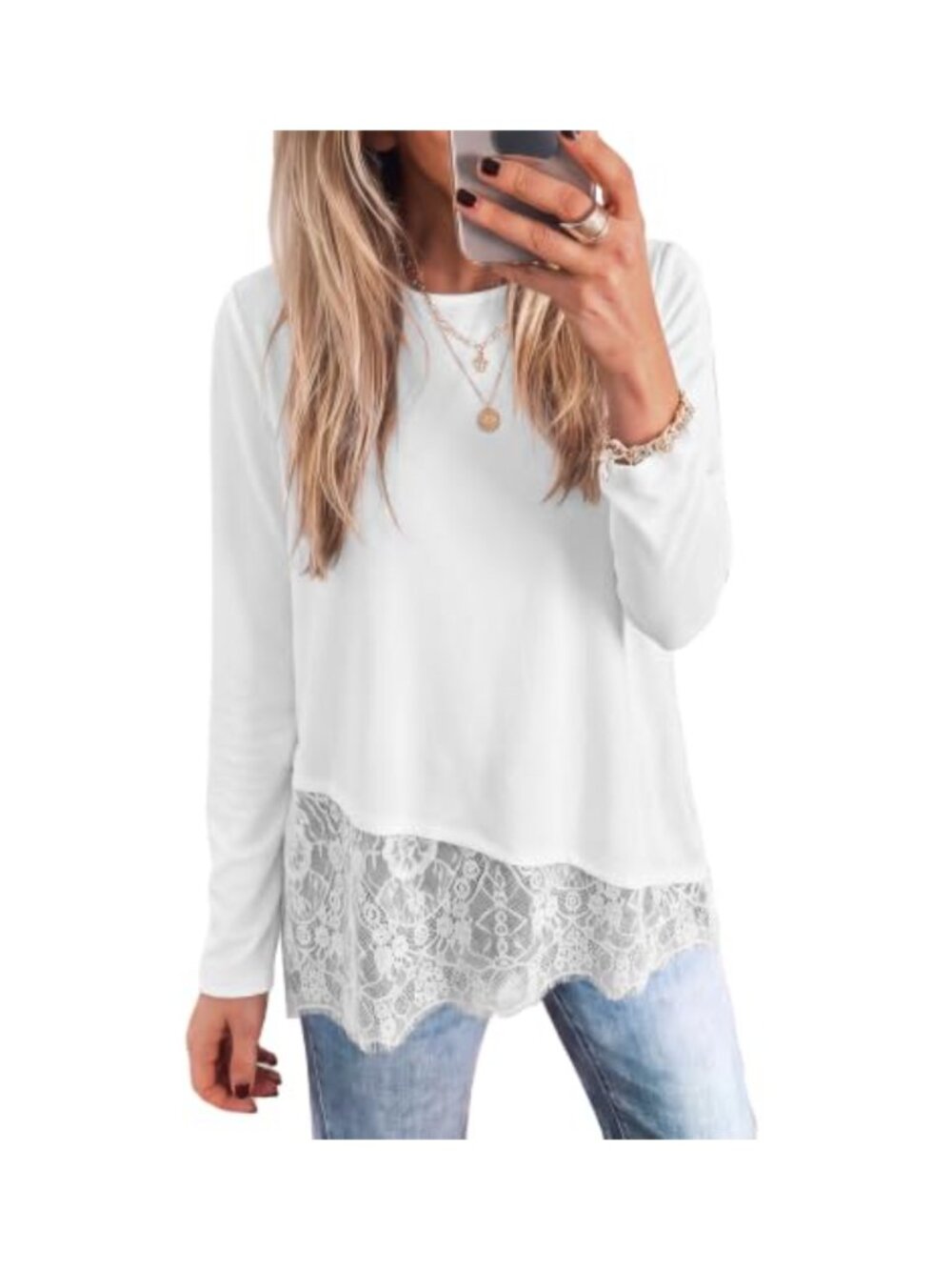 Womens Lace Patchwork Long Sleeve Tunic Top Crew Neck Asymmetrical